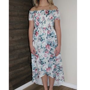 Parisian petite off shoulder white floral dress.